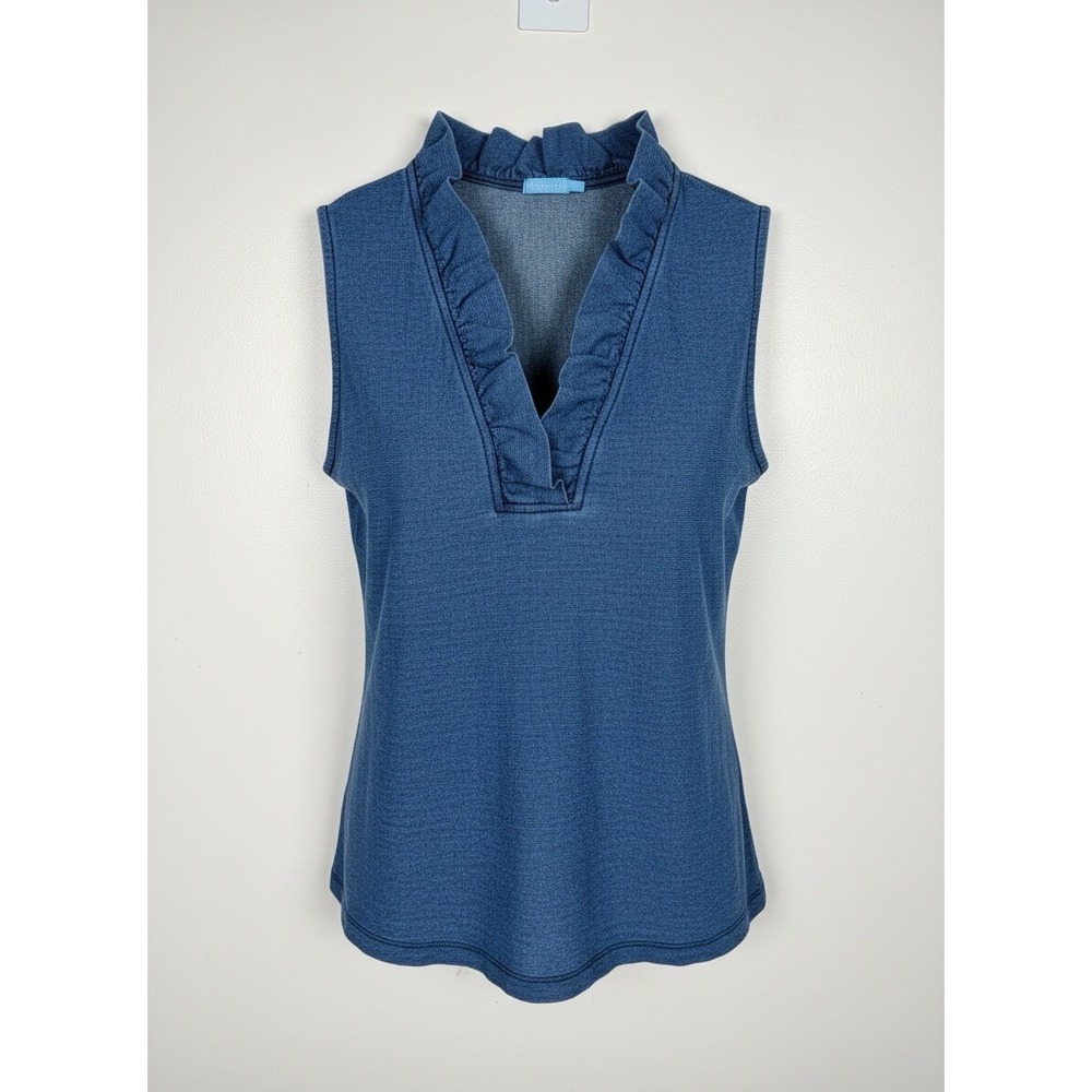J. McLaughlin Medium Blue Ruffled Neck 100% Cotton Coastal Preppy Tunic Top